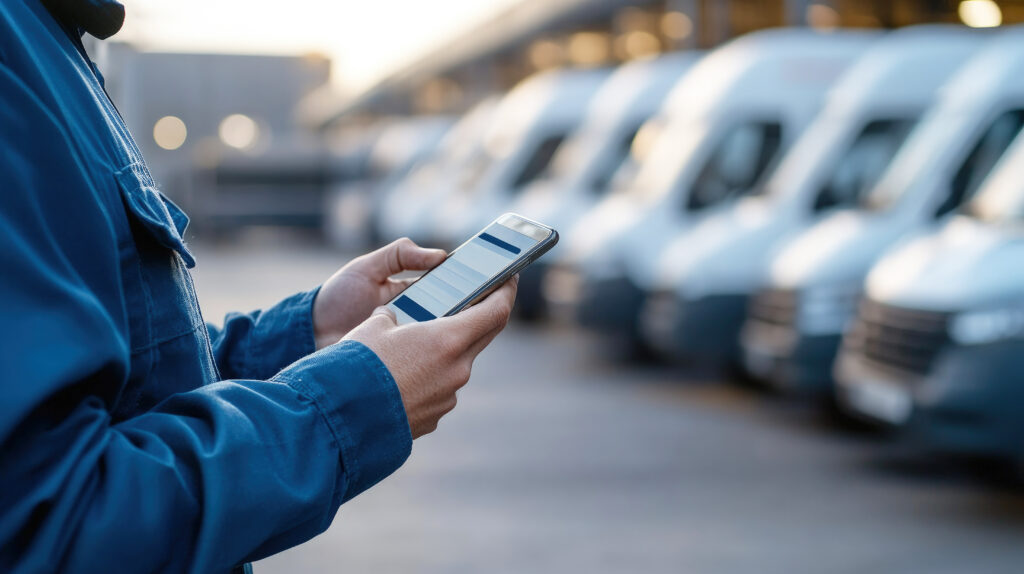 A worker in a blue uniform using a smartphone outdoors, with a fleet of white vans blurred in the background.