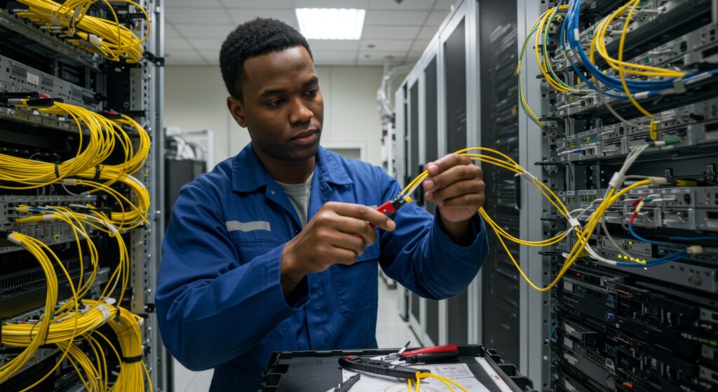 A focused technician meticulously connects fiber optic cables in a server room, symbolizing technology, connectivity, precision, expertise, and progress.