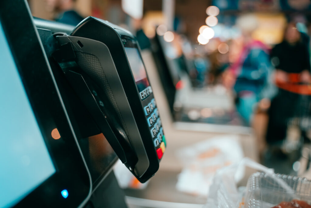 Pos terminal in the shop. Ready for work, Close view